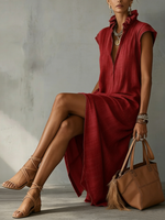 Elegant Ruff Collar Fashion Linen Cotton Midi Dress