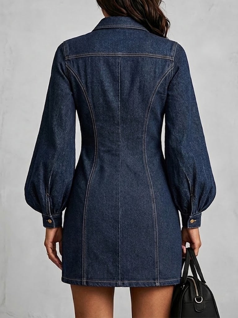 Women's Long-sleeve, Loose-fit Casual Denim Dress Featuring Metal Eyelets And A Zipper