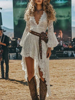 Boho White Lace Deep V-Neck High-Low Maxi Dress(Belt not included)