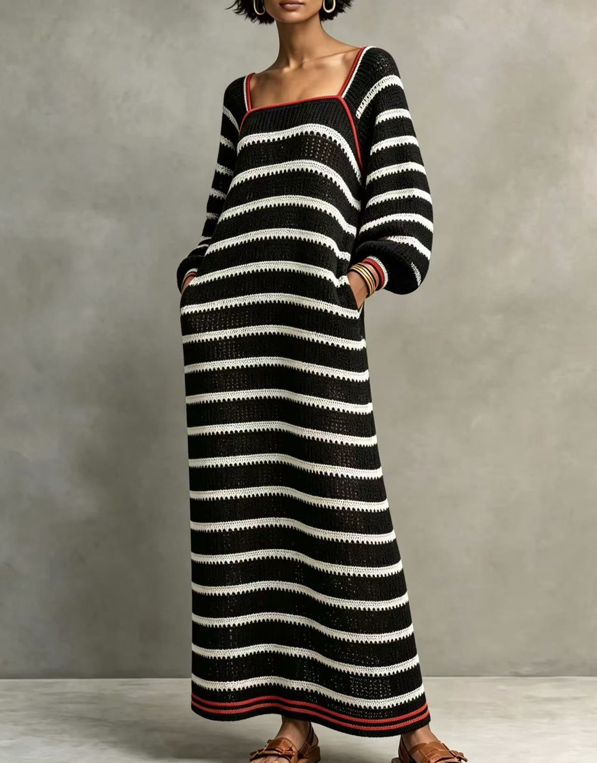 Chic Square-neck Striped Cut-out Knit Maxi Dress