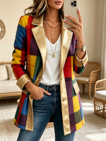 Artistic Color-blocked Plaid Jacket With Gold Lapels