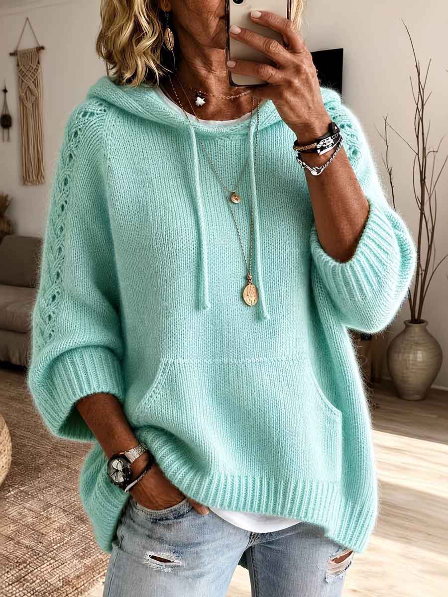 Women's Solid Color V-neck Hollow-out Long Sleeve Casual Loose Hooded Knitted Pullover