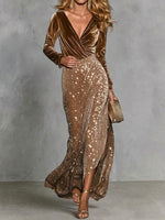 Velvet V-neck Top & Sequin Slit Maxi Skirt Two-piece Set
