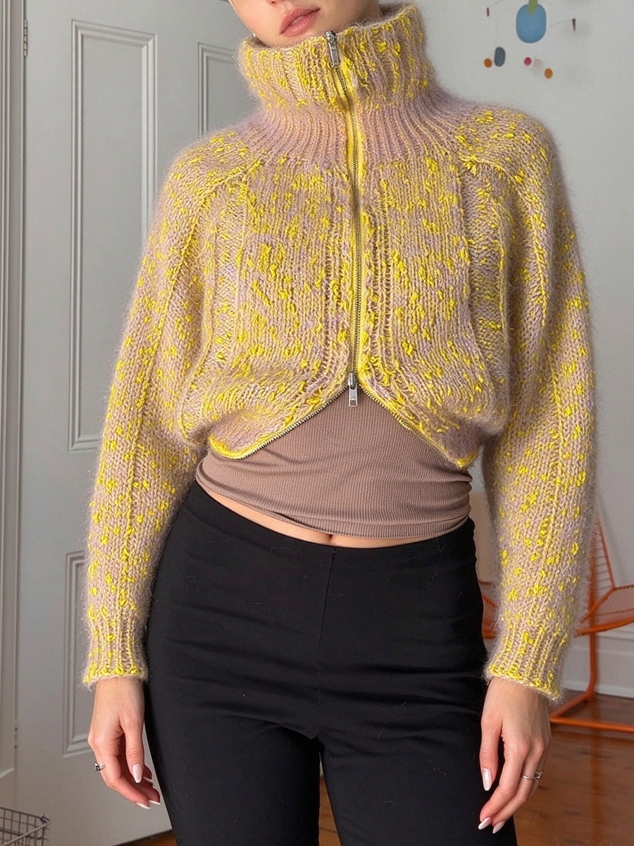 Chic Reversible Polka-dot Wool-blend Knit Zip-up Cardigan