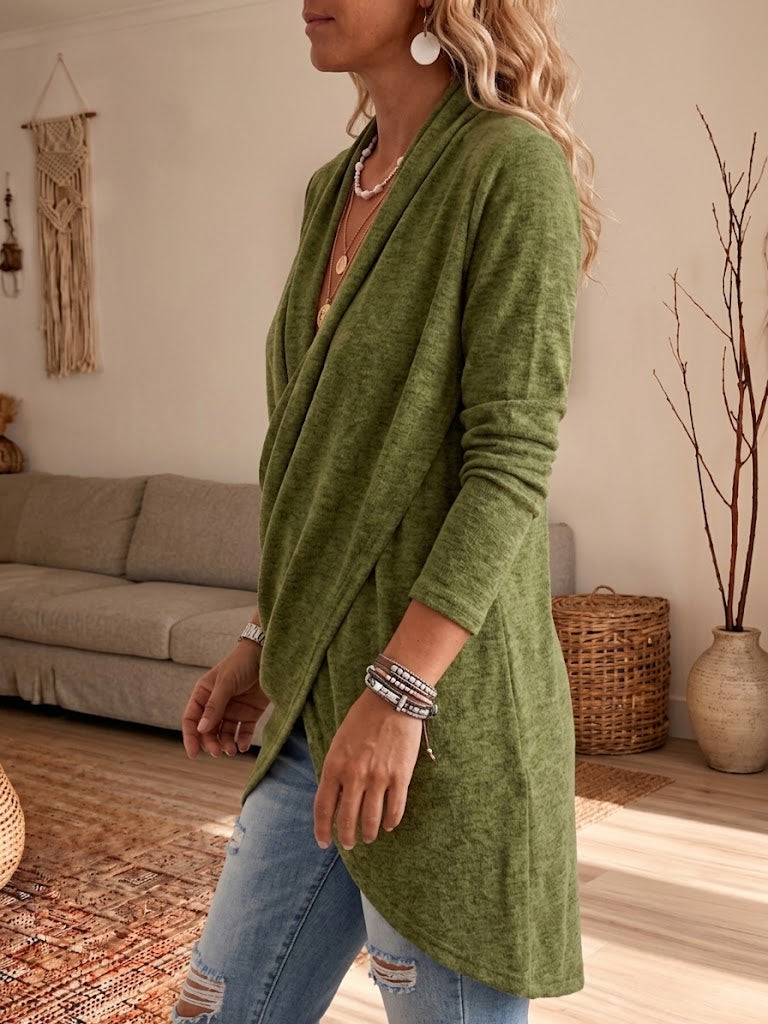 Cowl Neck Wrap Front Irregular Hem Long Sleeve Top
