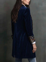 French-inspired, Vintage, Court-style Navy Velvet Mid-length Blazer With Ornate Floral Digital Prints