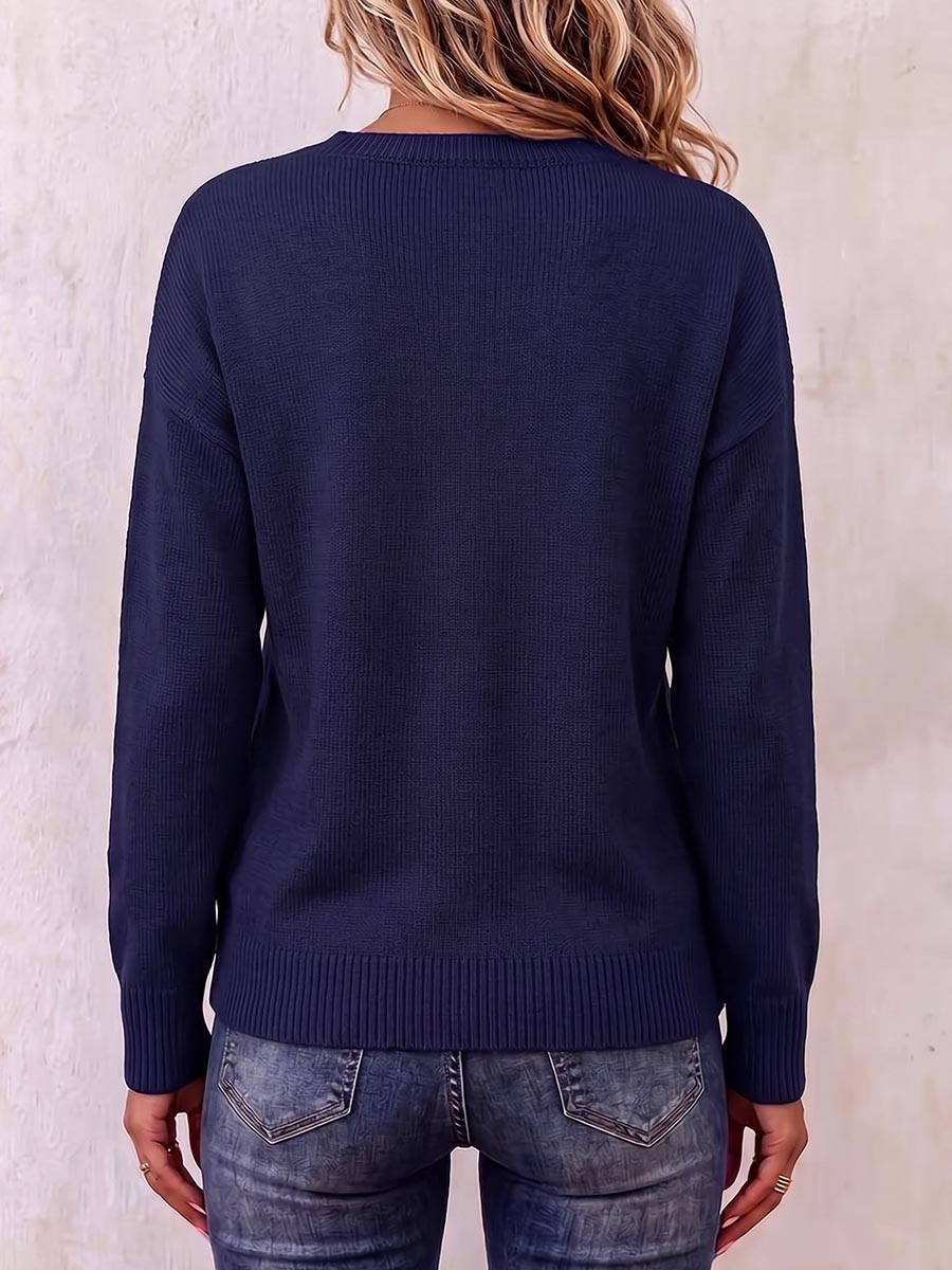 Women's Solid Color V-neck Long-sleeved Casual Loose Pullover Sweater