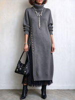 Asymmetric Side-button Turtleneck Cozy Midi Sweater Dress