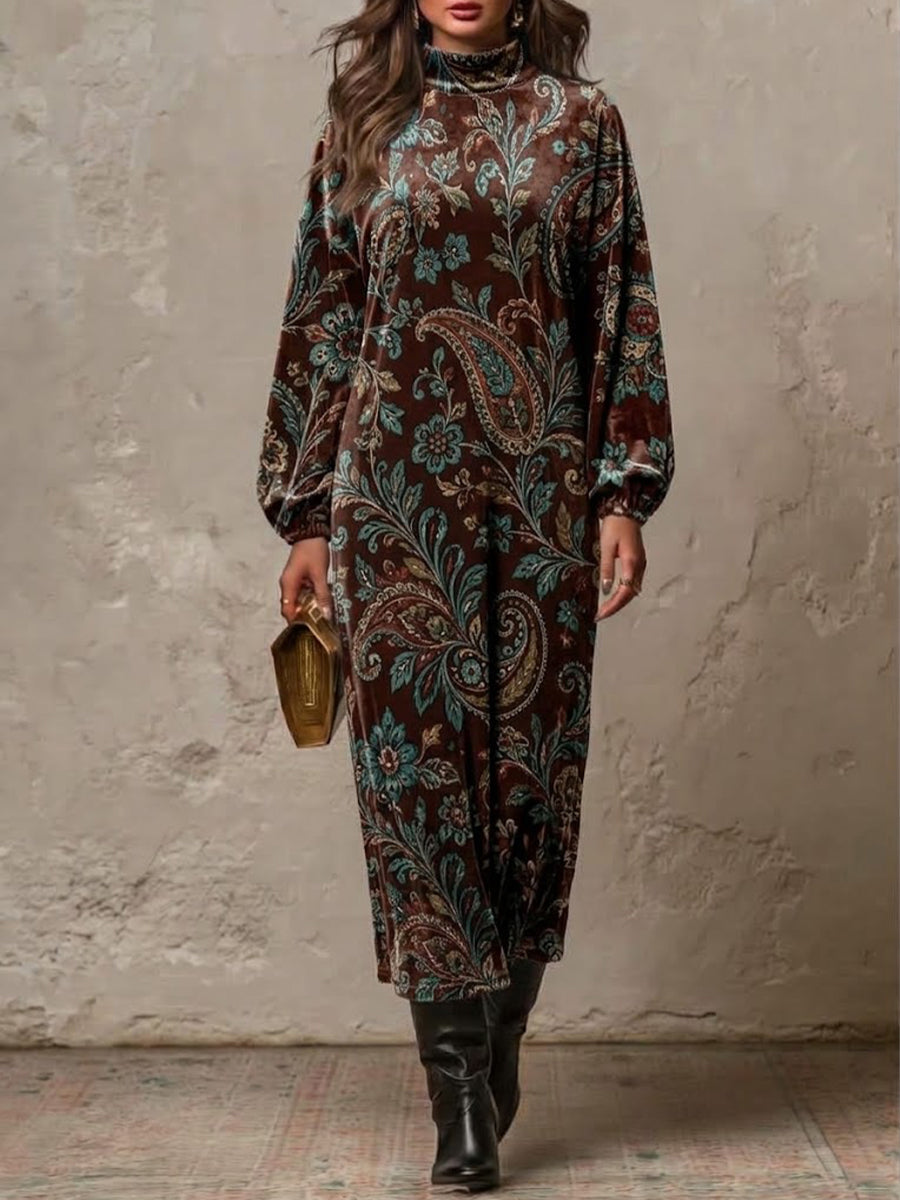 Vintage-style Paisley Floral Velvet Long-sleeve Dress With A High Neck