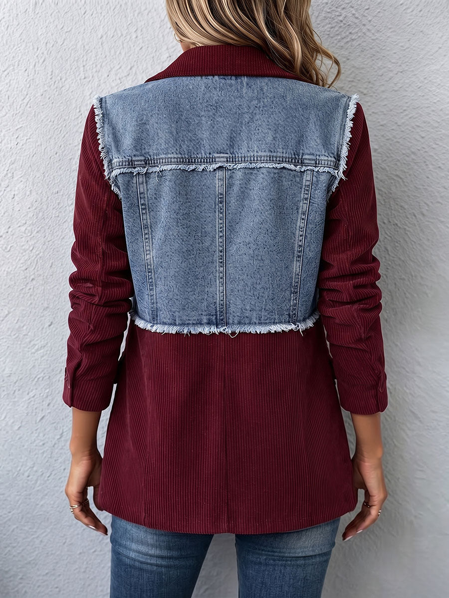 Chic Corduroy And Denim Color-block Blazer
