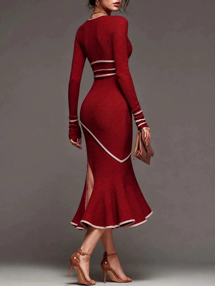 Women's V-neck Long-sleeve Casual Slim-fit Slit Mermaid Knit Dress
