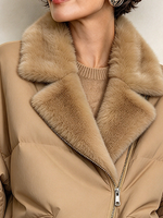 Asymmetrical Zip Plush Faux Fur Colla Puffer Khaki Jacket