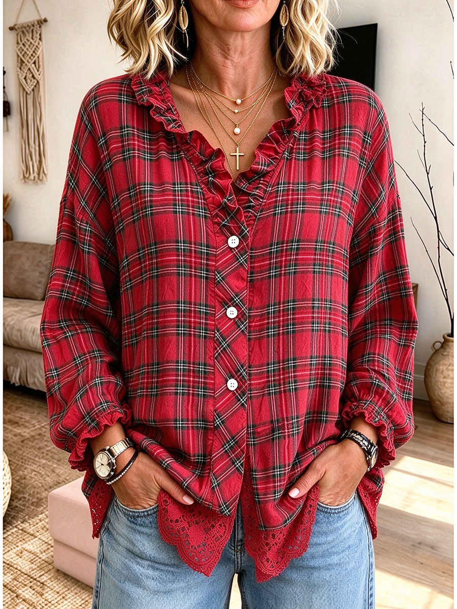 Casual Ruffled V-neckline Plaid Lace-trim Cozy Blouse
