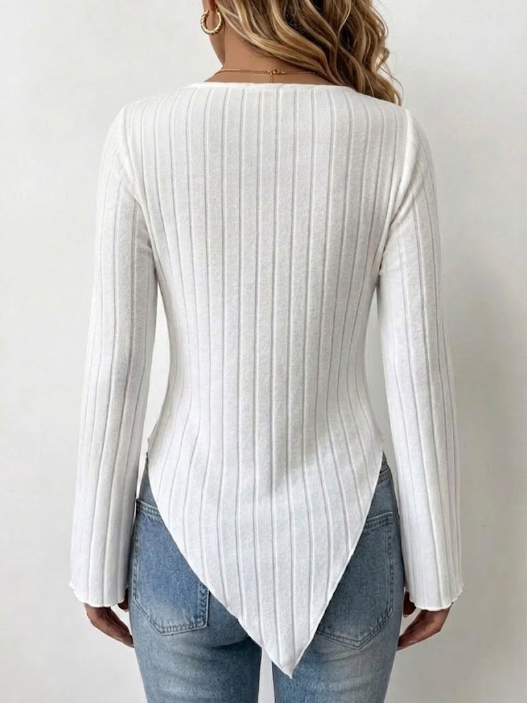 Ribbed Cowl-neck Knit Top With Asymmetric Hem And Flared Sleeves