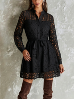 Stand Collar Full Button Hollow Water-soluble Lace Waist Tie Mini Shirt Dress