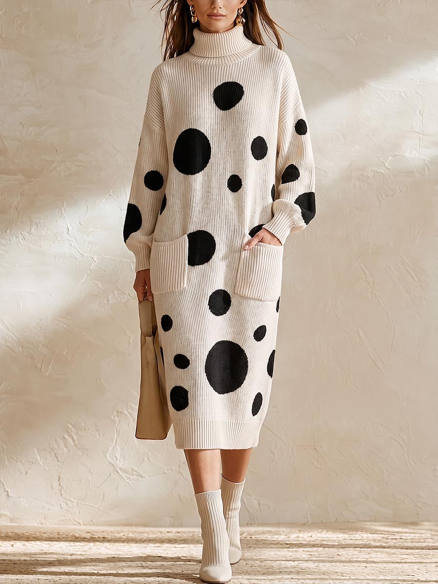Women's Casual Loose-fit Long-sleeve Polka-dot Knit Dress With Turtleneck