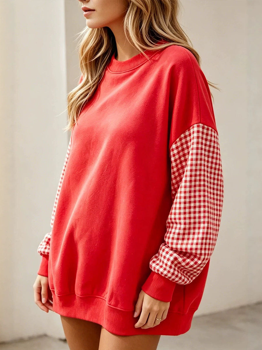 Chic Red Gingham Patchwork Crewneck Sweatshirt