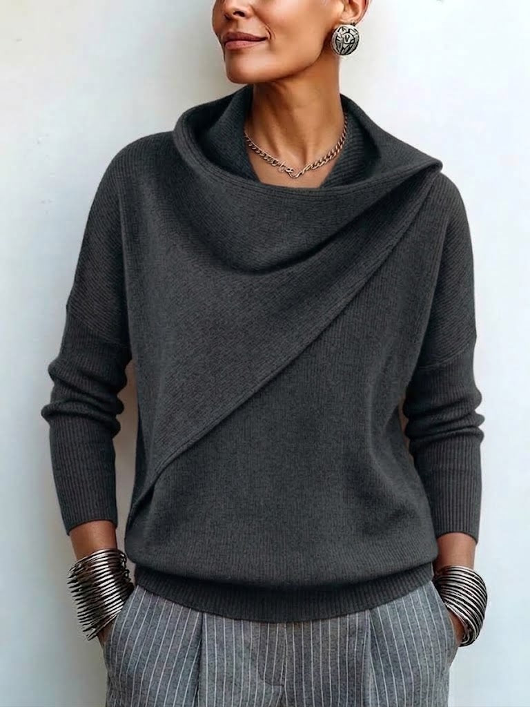Wrap-style Slouchy-neck Drop-shoulder Long-sleeve Knit Pullover