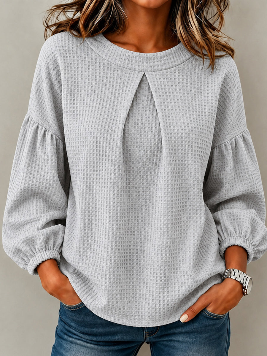 Waffle Textured Pleated Neck Bubble Sleeve Blouse