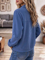 Women's Casual Blue Corduroy Zip-up Jacket With Chest Pocket