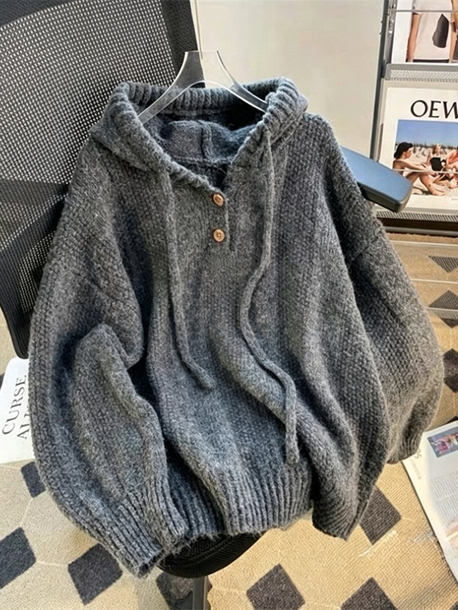 Cozy-chic Chunky-knit Hooded Henley Sweater