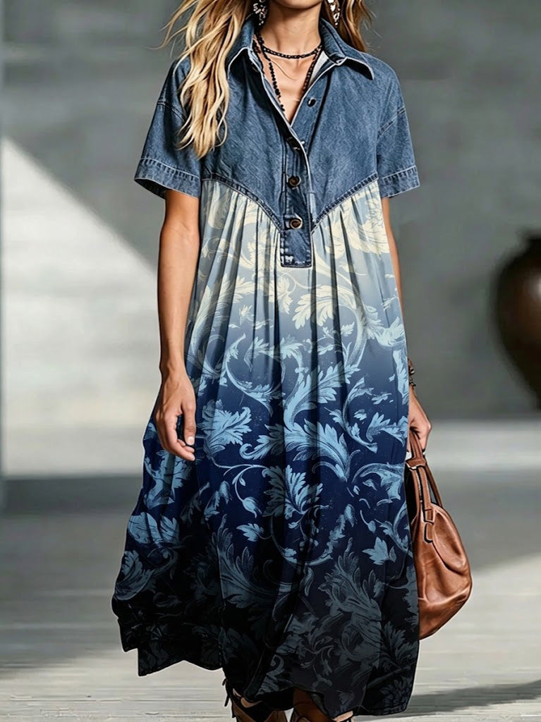 Denim Spliced Gradient Floral Shirt Maxi Dress