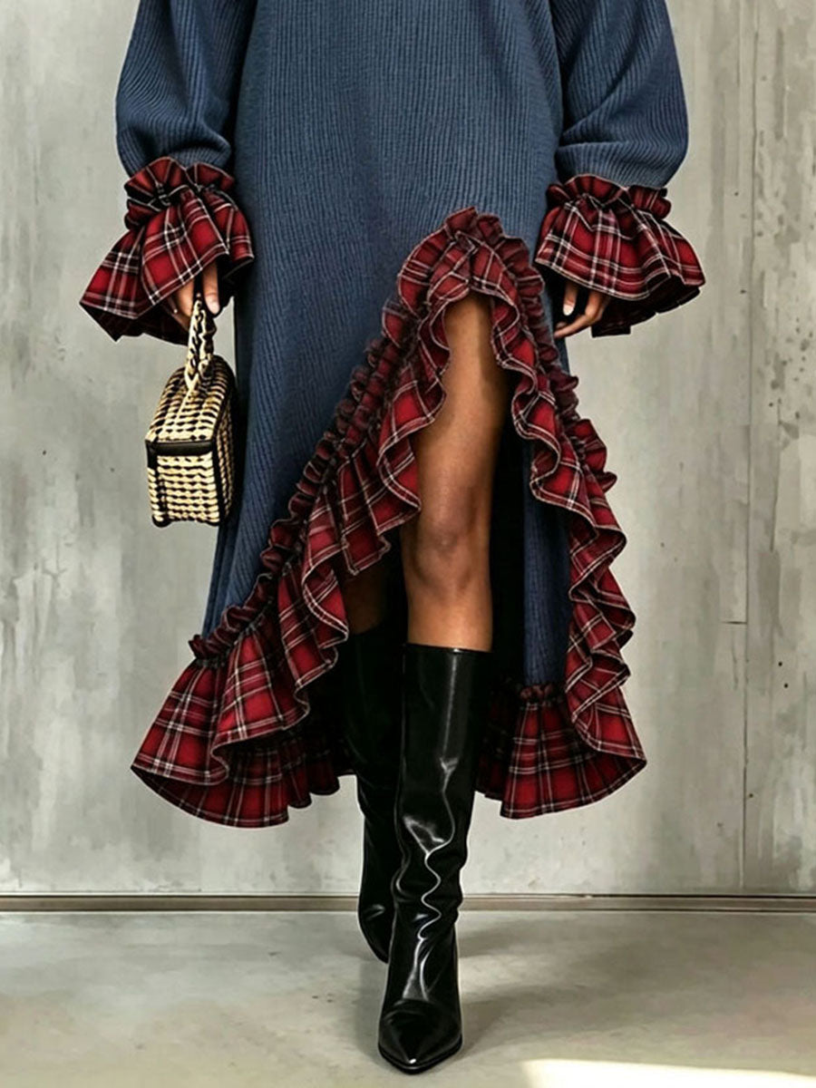 Chic Buckle Strap Plaid Ruffles Patchwork Knit Midi Dress
