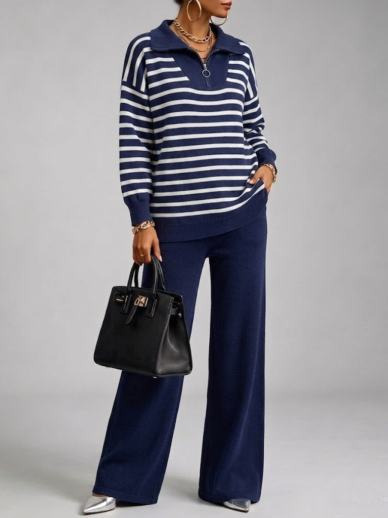 Cozy And Casual Two-piece Set Featuring A Striped Half-zip Knit Pullover And Solid-color Knit Trousers.