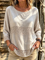 Loose-fit Casual Cotton-linen Top With Lace Paneling