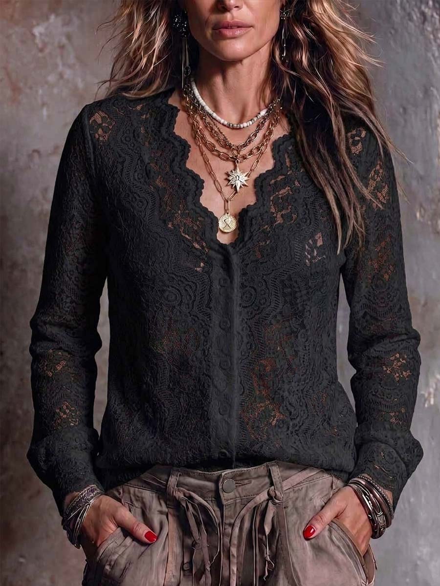 Women's Solid Color V-neck Long Sleeve Casual Loose Lace Cardigan
