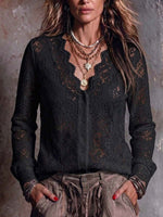 Women's Solid Color V-neck Long Sleeve Casual Loose Lace Cardigan