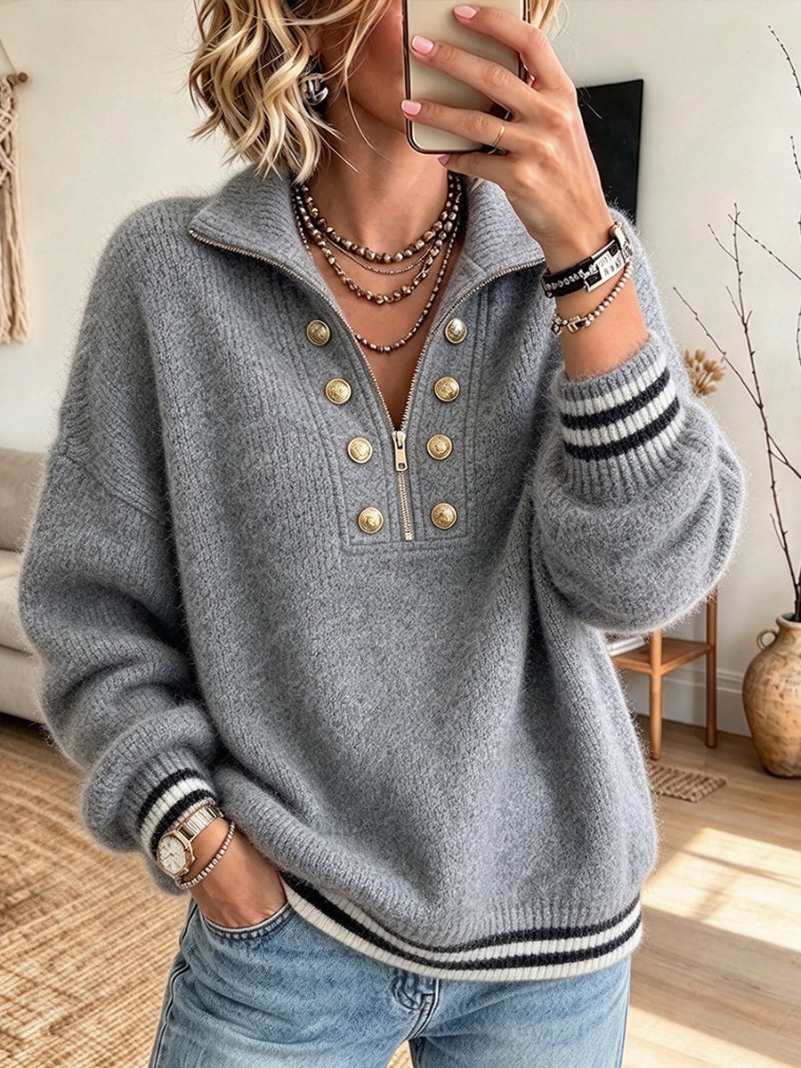 Cozy, Casual, Half-zip Wool-blend Sweater With Striped Cuffs