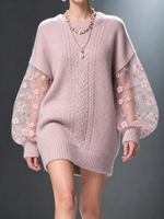Elegant And Cozy Cable-knit Sweater Dress With Embroidered Floral Mesh Sleeves