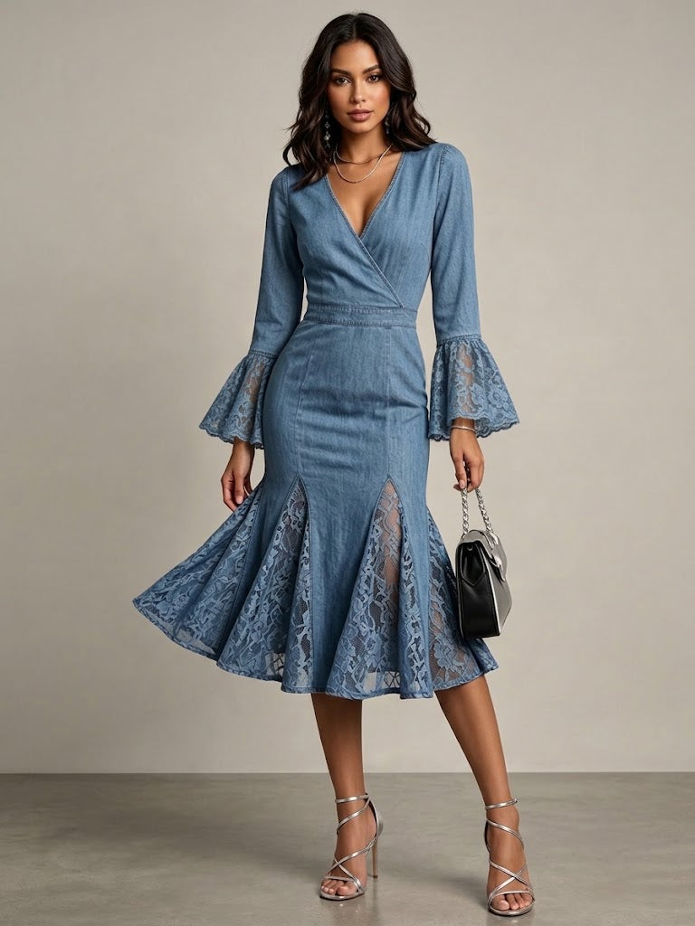 Stylish Denim Dress With Lace Paneling And Mermaid Hem