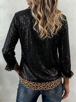 Leopard Contrast Sequin Lapel Long Sleeve Top