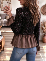 Glamorous Sequin Mixed-Media Peplum Blouse