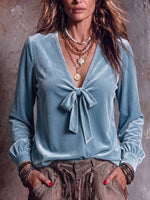 Women's Solid Color V-neck Tie-waist Long Sleeve Casual Loose Velvet Top