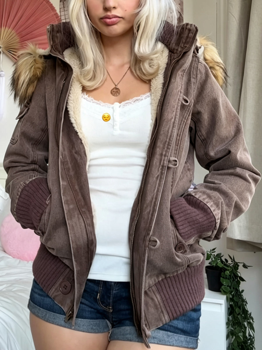 Casual Faux Fur-trimmed Hooded Bomber Jacket With Faux Shearling Lining