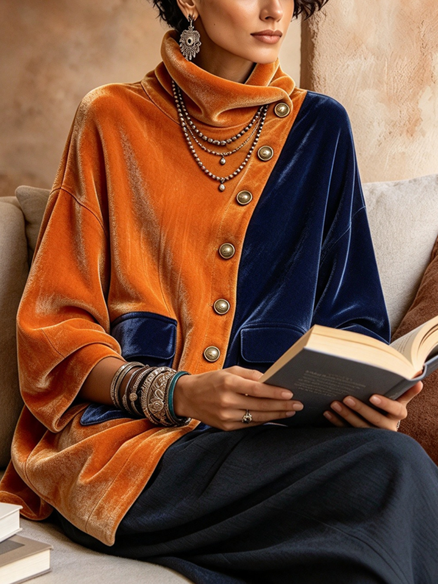 Bohemian Color-block Asymmetric Velvet Top