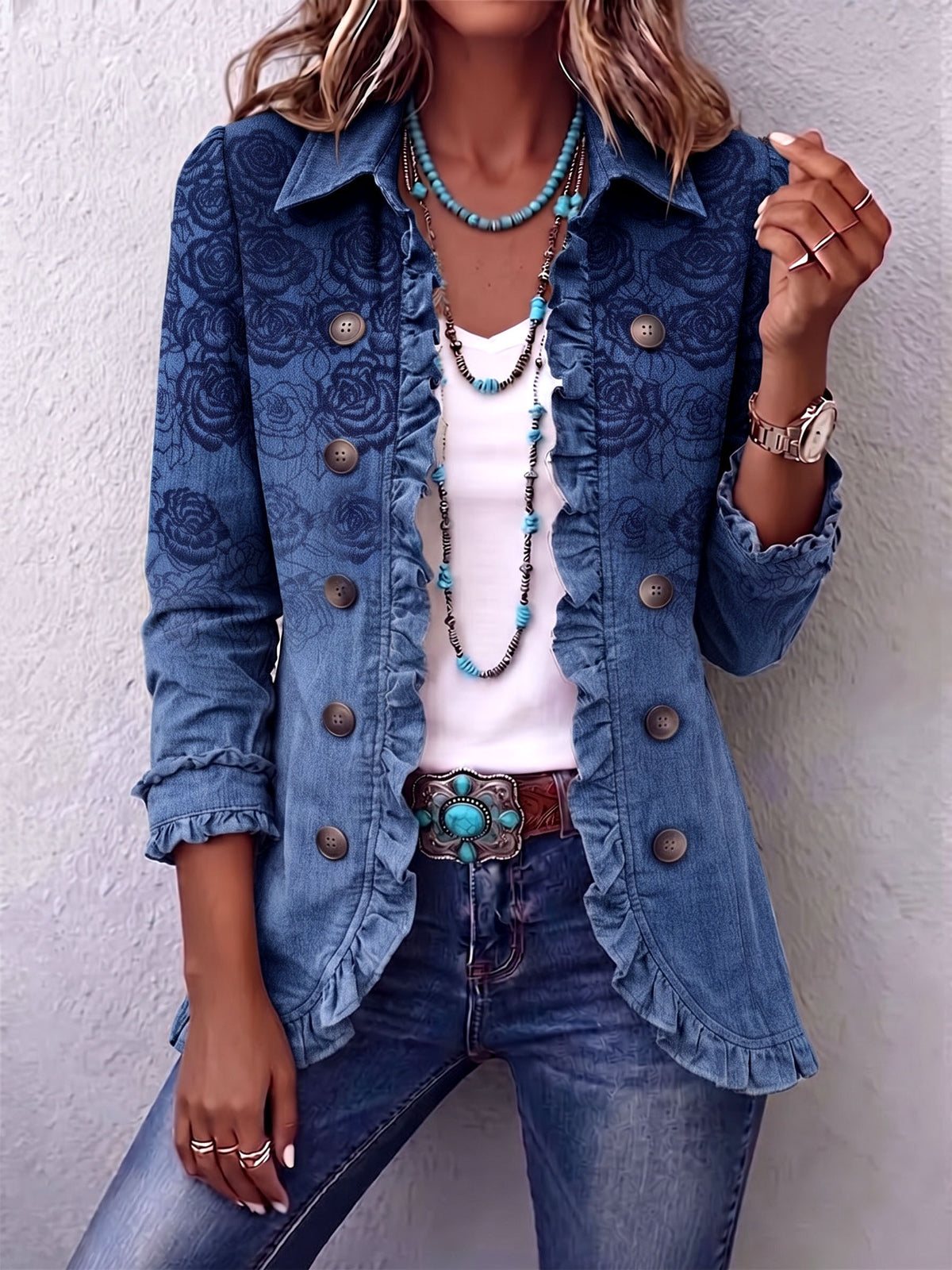 Retro Blue Rose Gradient Print Ruffle Jacket