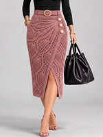 Elegant Pink Crochet Wrap Midi Skirt With Pearl Buttons
