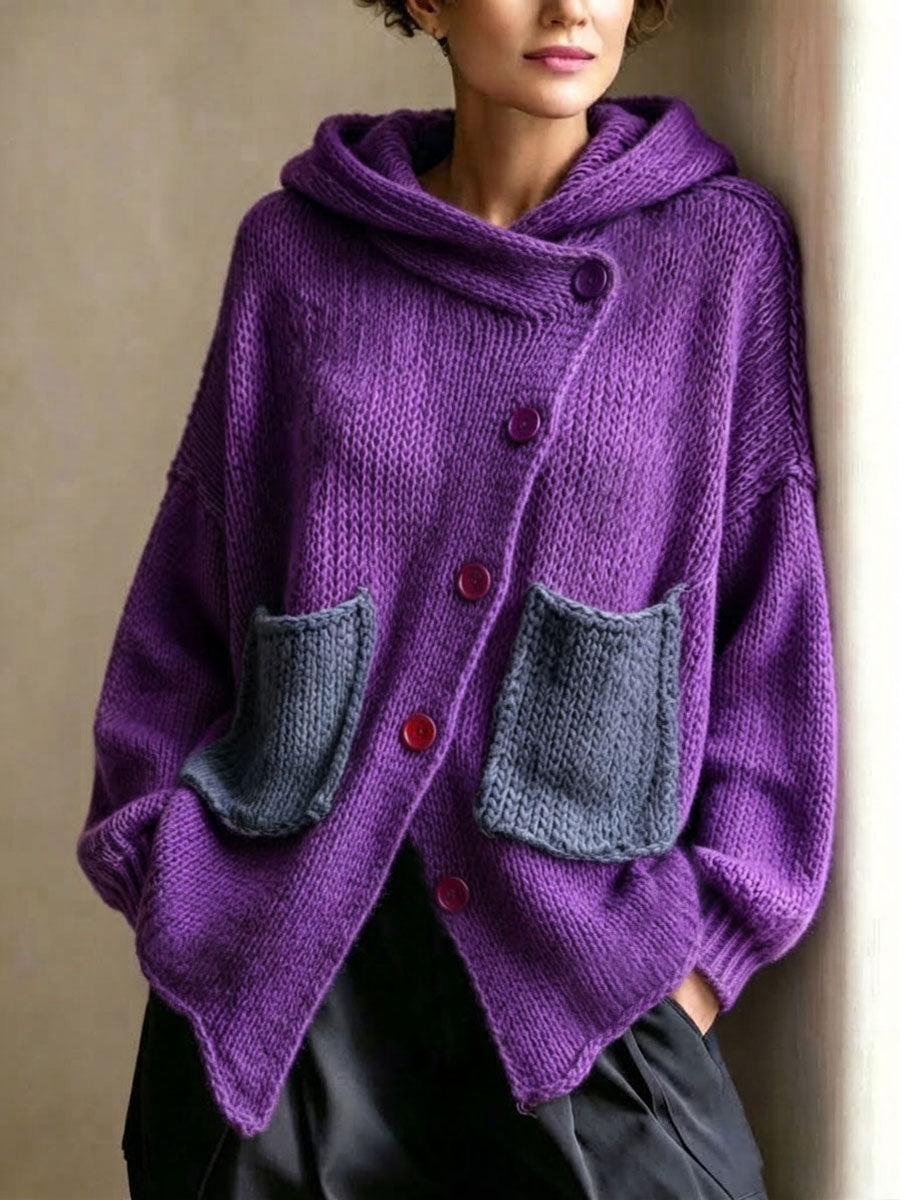 Chic Purple Asymmetric Oversized Hooded Chunky Knit Sweater