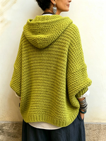 Relaxed Chic Green Knitted Hooded Crossover Sweater