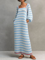 Chic Square-neck Striped Cut-out Knit Maxi Dress