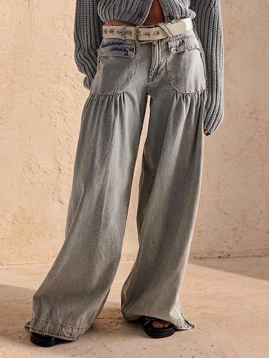 Pleated Mid-rise Loose Wide-leg Lotus-style Jeans