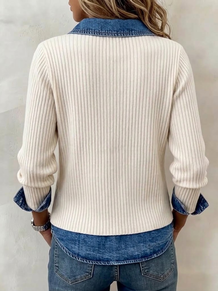 Long-sleeve, Vertically Ribbed Knit Top With A Denim Collar And Bow Detail