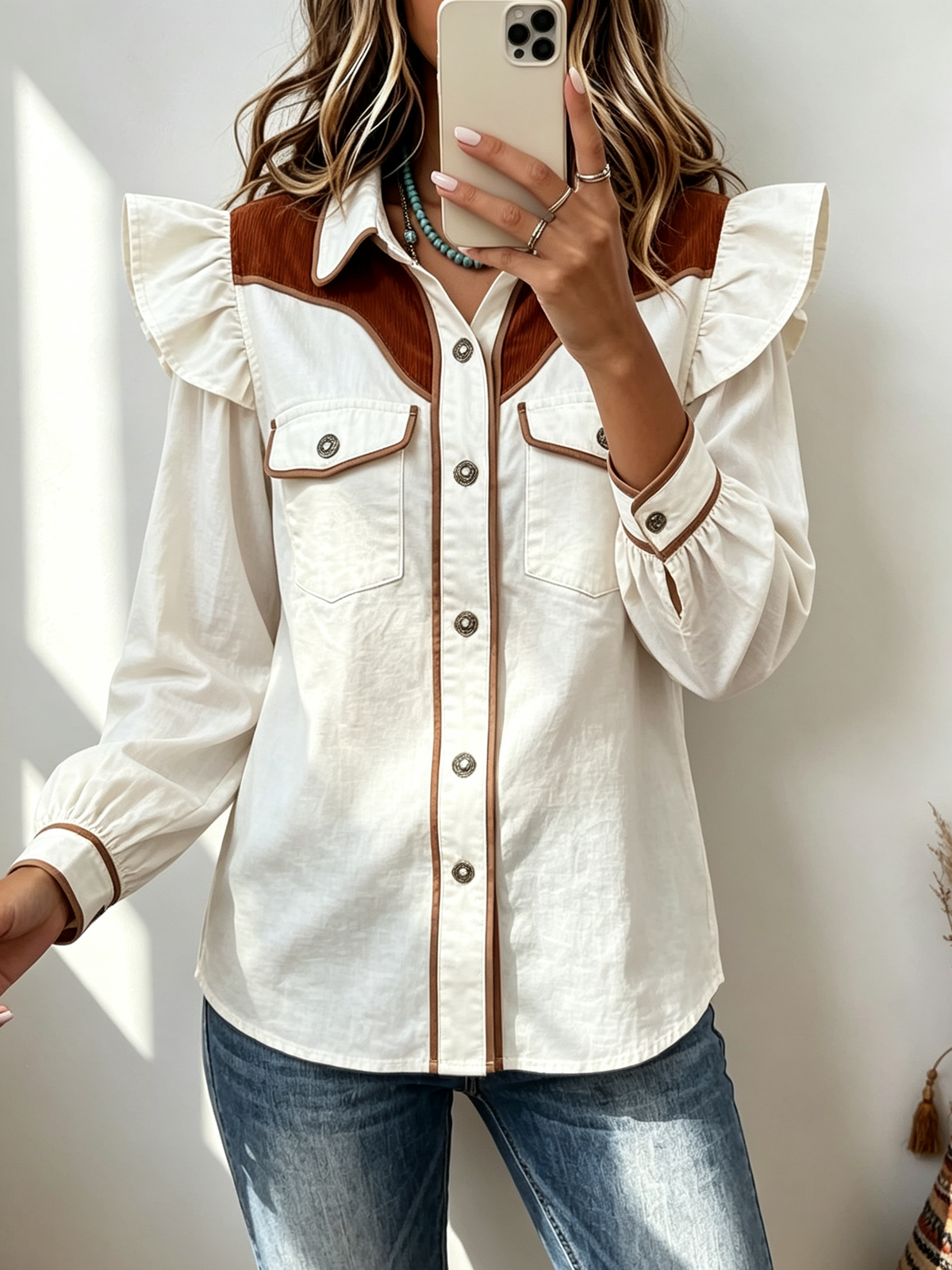 Chic Fall Western Vibe Ruffle Trim Corduroy Patchwork Blouse
