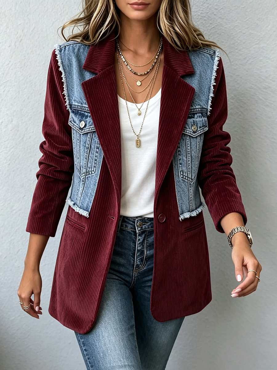 Chic Corduroy And Denim Color-block Blazer