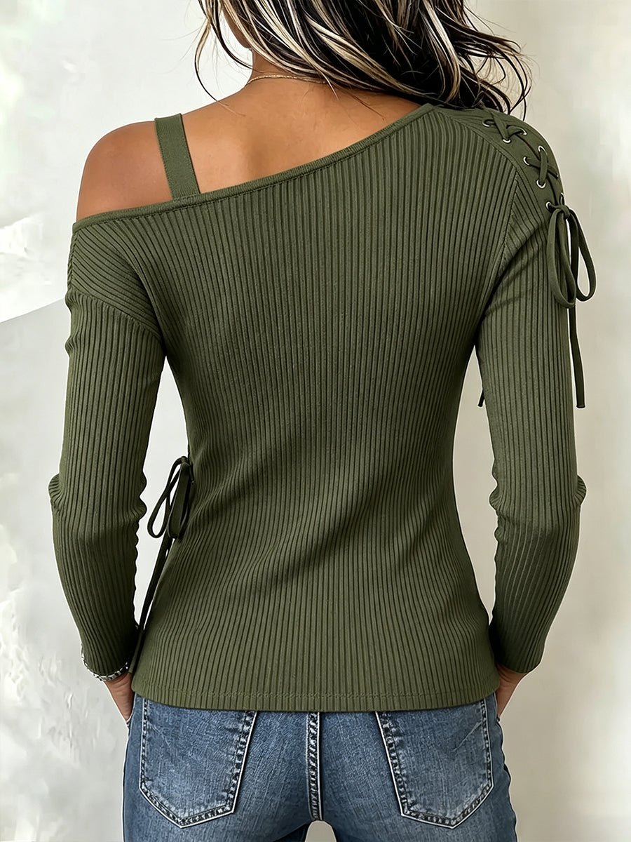 Alluring Cold-Shoulder Lace-Up Ribbed Knit Top
