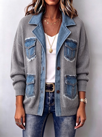 Cozy And Stylish Denim-trimmed Knit Jacket